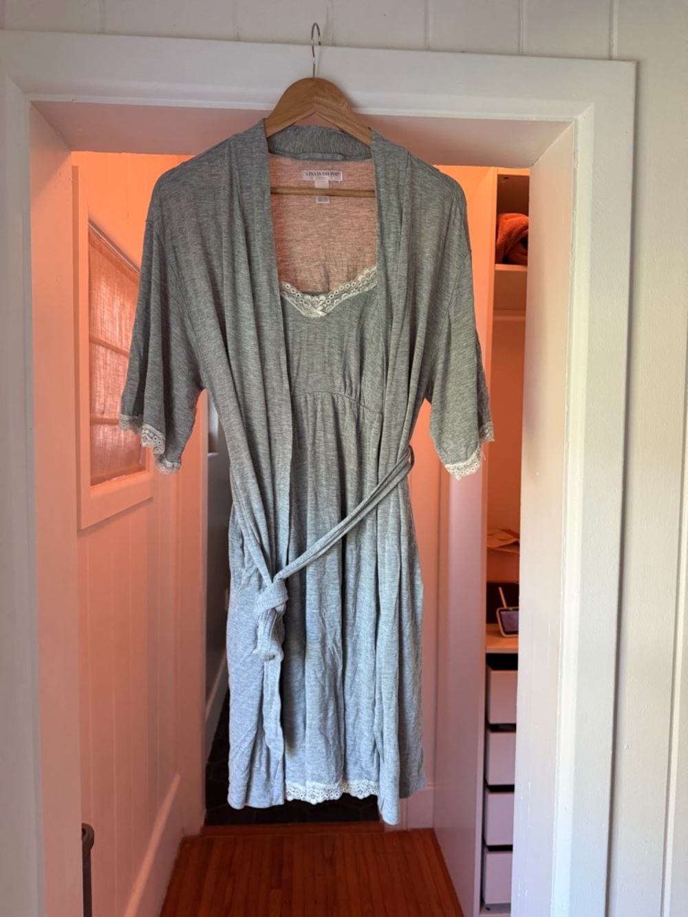 Pea in the pod Gray maternity Lace-Trim Robe & nightgown Set